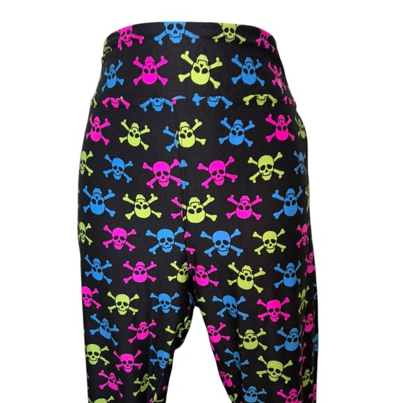 LuLaRoe TC Skull Print Leggings Black Neon Pink Blue Green Halloween - Picture 5 of 6